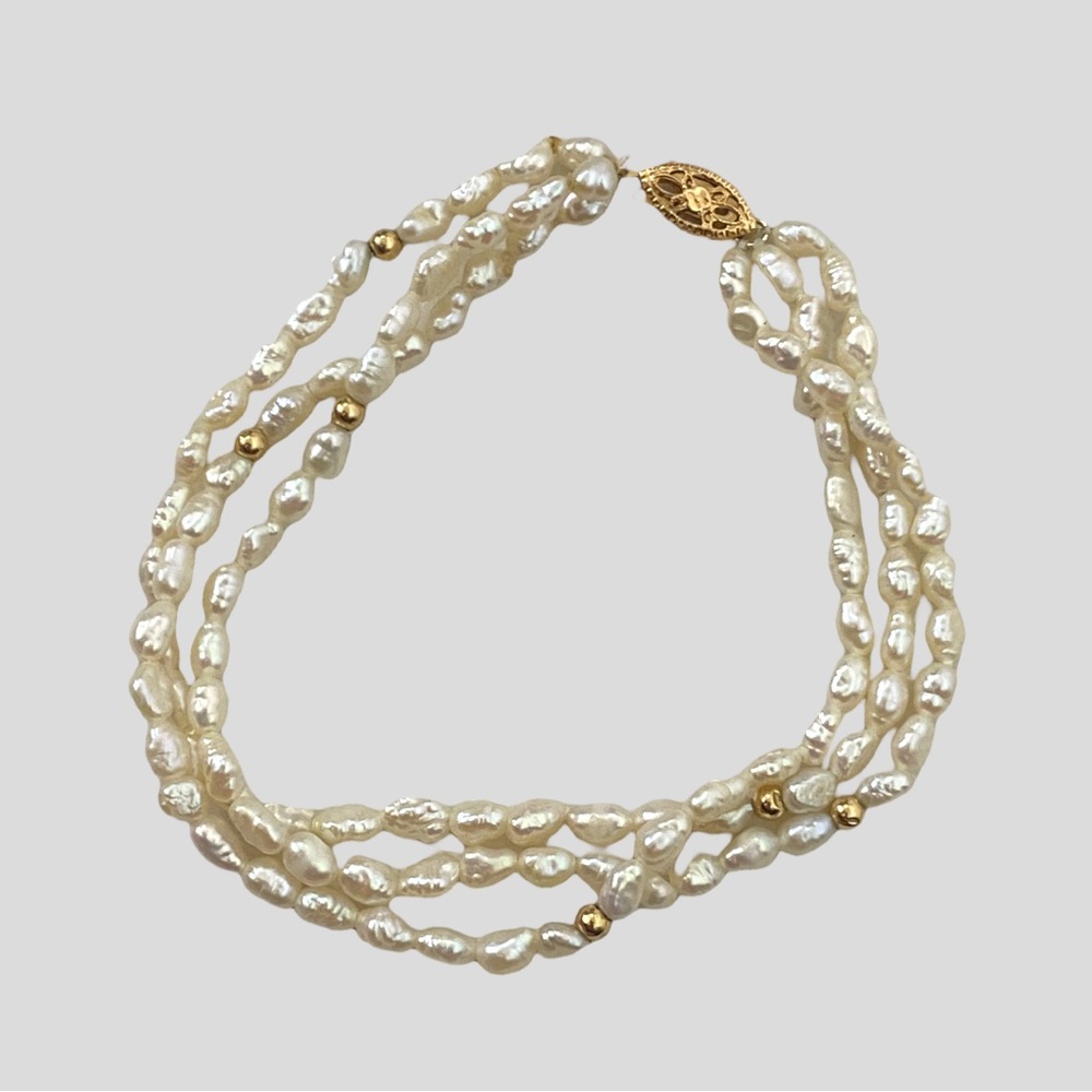 Vintage 3 Strand Baroque Pearl 14K Gold Bracelet 7.5" - Picture 5 of 5
